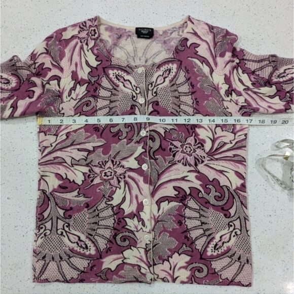 Talbots Petite Pure Cashmere Purple Gray Floral Cardigan Sweater 3/4 Sleeve SP - Picture 4 of 8
